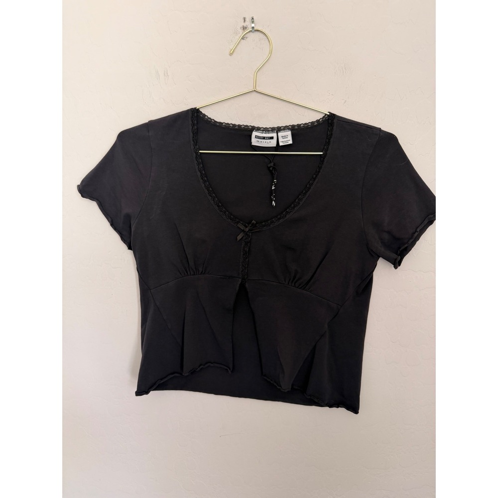 Noisy May Justine Black Lace Trim U-Neck Bow Babydoll Crop Top Short Sleeve S
